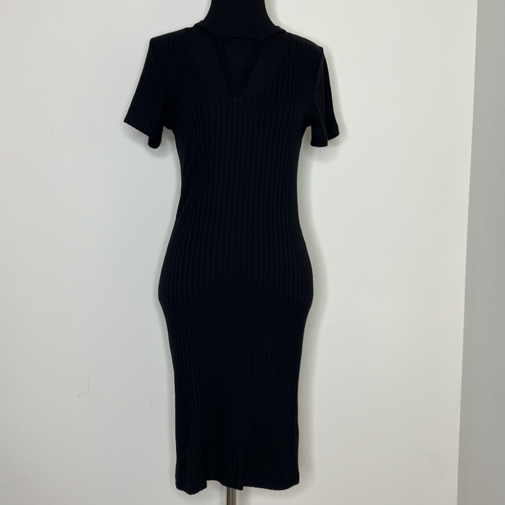 LNA Black Ribbed Cutout Neckline Dress S